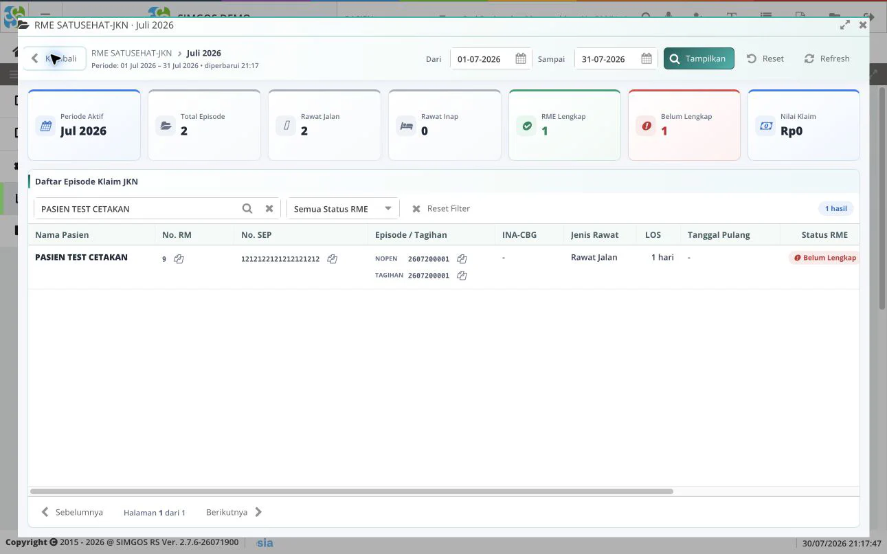 Daftar episode Portal RME menggunakan data uji
