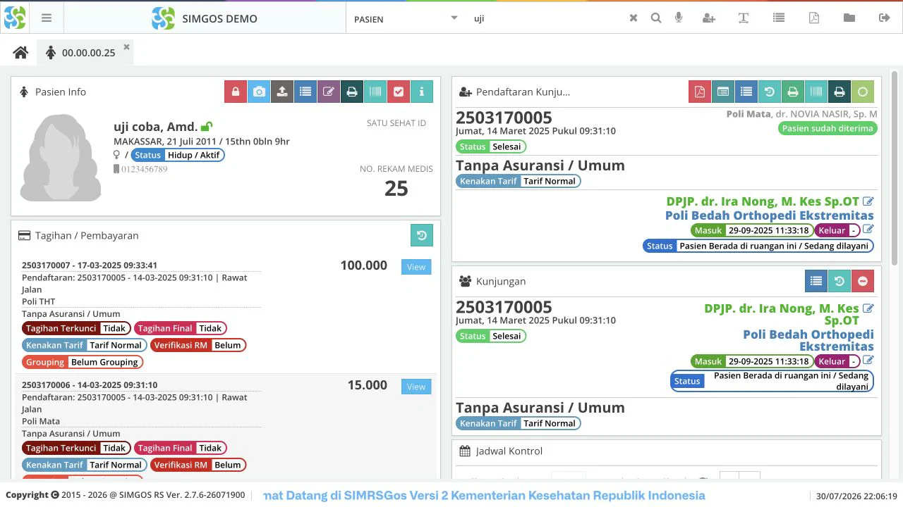 Dashboard pasien dan panel pendaftaran kunjungan